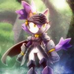  1girl animal_ears armor blaze_the_cat cat_ears cat_girl cat_tail eyelashes furry furry_female gauntlets gold_necklace highres jewelry nancher necklace pants parted_lips percival_(sonic) ponytail purple_fur sonic_(series) sonic_and_the_black_knight tail white_pants yellow_eyes 