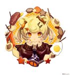 1girl animal_ears arknights blonde_hair cookie egg food food_themed_hair_ornament gummy_(arknights) hair_ornament hairclip hands_on_own_face orange_eyes orange_nails pocky polka_dot polka_dot_background rem_(hinotomi) sleeves_past_wrists steak twintails twitter_username 