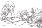  1boy 1girl :d aiming brown_theme closed_mouth dated dot_nose fingerless_gloves gloves grass gun hair_ornament hair_scrunchie helmet horikou kagamihara_nadeshiko long_hair lying military military_jacket military_uniform monochrome on_stomach open_mouth real_life rifle scrunchie shoes signature skirt smile sniper_rifle soldier soviet_union squatting uniform weapon yurucamp 
