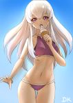  1girl blue_background bracelet breasts deekei eating fire_emblem fire_emblem:_three_houses food gradient gradient_background highres ice_cream jewelry long_hair lysithea_von_ordelia open_mouth pink_eyes simple_background small_breasts solo swimsuit white_hair 