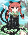  1girl animal_ears bangs bare_legs black_bow black_dress black_sleeves bow braid cat_ears cat_tail chups closed_mouth clouds dress extra_ears eyebrows_visible_through_hair frilled_dress frilled_sleeves frills green_frills highres kaenbyou_rin long_sleeves looking_at_viewer medium_hair multiple_tails outdoors red_eyes red_nails red_neckwear redhead sitting sky sleeves_past_wrists solo tail touhou tree twin_braids two_tails 