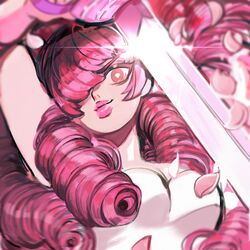  1girl dress hair_over_one_eye highres lips lipstick long_hair looking_at_viewer makeup petals pink_hair plump rose_petals rose_quartz_universe sleeveless sleeveless_dress smile solo steven_universe sword symbol-shaped_pupils tsumugi_(mktmppp) weapon white_dress 