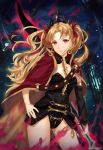  1girl artist_request asymmetrical_sleeves bangs birdcage black_dress blonde_hair breasts cage cape dress earrings ereshkigal_(fate/grand_order) fate/grand_order fate_(series) gold_trim hand_on_hip hoop_earrings infinity jewelry long_hair looking_at_viewer medium_breasts meslamtaea_(weapon) multicolored multicolored_cape multicolored_clothes parted_bangs parted_lips polearm short_dress single_sleeve skull spear spine thighs tiara two_side_up weapon yellow_cape 