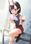  1girl :o alternate_costume bare_shoulders black_footwear black_hair bob_cut bracelet breasts casual choker commentary_request contemporary earrings fate/grand_order fate_(series) highres horns ice_cream_cone jewelry knee_up leaning_forward looking_at_viewer no_socks oni_horns open_mouth otsukemono red_skirt shoes short_hair shuten_douji_(fate/grand_order) sitting sitting_on_railing skin-covered_horns skirt small_breasts solo thick_eyebrows violet_eyes 