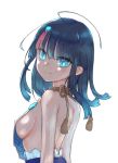  1girl artist_request back bangs bare_shoulders black_hair blue_eyes blush breasts closed_mouth dress fate/grand_order fate/requiem fate_(series) jewelry large_breasts looking_at_viewer looking_back magatama magatama_hair_ornament medium_hair multicolored_hair necklace pink_hair sideboob sideless_outfit sleeveless sleeveless_dress smile streaked_hair utsumi_erise white_background white_dress 