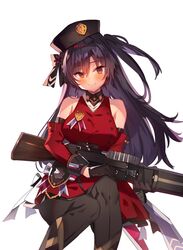  1girl bangs bare_shoulders black_gloves black_hair black_headwear black_pants blush breasts brown_eyes detached_sleeves dress eyebrows_visible_through_hair girls_frontline gloves gun hair_ribbon hat highres holding holding_gun holding_weapon lewis_(girls_frontline) lewis_gun long_hair machine_gun medal one_side_up pants red_dress ribbon simple_background smile solo soukou_makura weapon white_background 