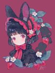  1girl animal_ears black_hair black_shirt bob_cut closed_mouth conago dot_mouth eyebrows_visible_through_hair flower food frilled_hairband frills fruit hairband highres lace leaf neck_ribbon original personification pink_ribbon rabbit rabbit_ears red_background red_eyes ribbon shirt short_hair solo strawberry white_flower 
