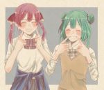  2girls ^_^ alternate_costume blush bow bowtie checkered checkered_neckwear closed_eyes clothes_around_waist commentary_request double_bun fingersmile green_hair grin hair_ornament hair_ribbon hands_up highres hololive houshou_marine long_sleeves multiple_girls neck_ribbon no_eyepatch open_mouth redhead ribbon school_uniform sgws0 shirt short_hair short_sleeves sleeves_rolled_up smile sweater_around_waist sweater_vest twintails two-tone_background upper_body uruha_rushia virtual_youtuber white_shirt 