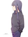  1girl black_sweater blue_hair character_request check_character closed_mouth cowboy_shot dated denim from_side hair_down hands_in_pockets horikou jeans long_hair long_sleeves pants profile purple_pants shima_rin signature simple_background smile solo sweater violet_eyes white_background yurucamp 