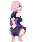  1girl absurdres ass bare_shoulders barefoot blush breasts eyebrows_visible_through_hair eyes_visible_through_hair fate/grand_order fate_(series) feet from_behind frown gloves grin hair_over_one_eye highleg highleg_leotard highres kobaji large_breasts leotard looking_at_viewer mash_kyrielight purple_gloves revision short_hair simple_background smile solo squatting violet_eyes wedgie white_background 