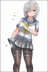  1girl black_legwear blue_eyes breasts collarbone gloves grey_skirt hair_ornament hair_over_one_eye hairclip hamakaze_(kantai_collection) hey_taishou highres kantai_collection large_breasts miniskirt neckerchief pantyhose pleated_skirt school_uniform serafuku short_hair short_sleeves silver_hair simple_background skirt solo thigh_strap white_background white_gloves yellow_neckwear 