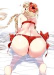  1girl 218 all_fours alternate_costume ass athena_(granblue_fantasy) back bare_shoulders bikini bikini_bottom bikini_top blonde_hair braid brown_eyes flower granblue_fantasy hair_flower hair_ornament long_hair looking_at_viewer looking_back partially_submerged solo swimsuit very_long_hair water 