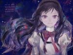  1girl akemi_homura black_hair bow eyelashes hairband high_collar long_hair long_sleeves looking_at_viewer mahou_shoujo_madoka_magica mahou_shoujo_madoka_magica_movie nishihara_isao puffy_long_sleeves puffy_sleeves red_eyes school_uniform smile solo space wind wind_lift 