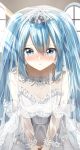  1girl :o absurdres bangs bare_arms bare_shoulders blue_eyes blue_hair blush breasts bridal_veil collarbone commentary dress eyebrows_visible_through_hair frilled_dress frills hair_between_eyes hatsune_miku highres indoors long_hair looking_at_viewer medium_breasts nose_blush parted_lips pentagon_(railgun_ky1206) see-through solo strapless strapless_dress tiara twintails veil very_long_hair vocaloid wedding_dress window 