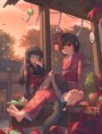  2girls absurdres barefoot bench black_hair black_kimono blindfold cat character_request chinese_commentary clouds commentary_request dusk feet floral_print flower full_body hand_to_own_mouth hibana_(vocaloid) highres japanese_clothes kafei_ji kimono long_hair mask mask_on_head multiple_girls noh_mask obi oni_mask outdoors red_eyes red_kimono sash short_hair siblings sisters sitting sky smile soles spider_lily toes 
