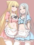  2girls :d absurdly_long_hair aleister_crowley anoshabu apron arms_behind_back bangs blonde_hair blue_eyes blue_jacket blue_skirt blush breasts choker cowboy_shot cropped_jacket eyebrows_visible_through_hair frilled_apron frilled_choker frilled_skirt frills green_eyes highres jacket large_breasts laura_stuart long_hair looking_at_viewer looking_down medium_breasts midriff miniskirt multiple_girls navel open_mouth parted_bangs pink_background pink_jacket pink_skirt pleated_skirt puffy_short_sleeves puffy_sleeves short_sleeves sidelocks silver_hair simple_background skindentation skirt smile thigh-highs to_aru_majutsu_no_index to_aru_majutsu_no_index:_new_testament uniform very_long_hair waitress white_legwear zettai_ryouiki 