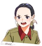  1girl black_hair blush bow character_request dated girls_und_panzer green_jacket hair_bow highres horikou jacket long_hair military military_uniform open_mouth signature simple_background solo uniform upper_body violet_eyes white_background 