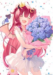  1girl 2017 :d ^_^ ahoge bangs bare_arms bare_shoulders bat_hair_ornament beads blue_flower blue_ribbon blush bouquet closed_eyes commentary confetti cowboy_shot crescent crescent_hair_ornament crown demon_girl demon_tail demon_wings double_bun dress fang flower hair_beads hair_between_eyes hair_ornament happy highres holding holding_bouquet horns long_hair mini_crown nijisanji nyum open_mouth redhead ribbon simple_background skin_fang sleeveless sleeveless_dress smile solo symbol_commentary tail tail_ribbon very_long_hair virtual_youtuber white_background white_dress wings yuzuki_roa 