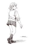  1girl brown_theme character_request check_copyright collared_shirt copyright_request dated from_behind full_body girls_und_panzer horikou loafers long_sleeves looking_at_viewer looking_back monochrome parted_lips pleated_skirt ponytail shirt shoes short_hair signature simple_background skirt socks solo standing walking white_background 