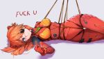  1girl blue_eyes blush bound breasts commentary_request eyebrows_visible_through_hair eyepatch haimei1980 long_hair looking_at_viewer middle_finger neon_genesis_evangelion orange_hair plugsuit profanity restrained shibari shibari_over_clothes shikinami_asuka_langley shiny shiny_clothes simple_background skindentation solo souryuu_asuka_langley tied_up 