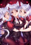  3girls :d animal_ear_fluff animal_ears artist_name bangs black_gloves black_leotard black_neckwear breasts cerberus_(helltaker) closed_mouth commentary covered_navel demon_tail dog_ears eyebrows_visible_through_hair fang gloves grin half_gloves heart helltaker highres hug leotard long_hair looking_at_viewer medium_breasts multiple_girls necktie open_mouth parted_bangs puffy_short_sleeves puffy_sleeves red_eyes short_necktie short_sleeves shrug_(clothing) silver_hair smile squchan tail triplets v-shaped_eyebrows very_long_hair 