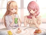  2girls :d bang_dream! bangs bare_shoulders blonde_hair blueberry blush cake cellphone collarbone commentary_request cup dress drinking_straw drooling eyebrows_behind_hair food fork frilled_shirt frills fruit hair_between_eyes hair_ornament hairband hairclip half_updo highres holding holding_cup holding_phone indoors jewelry knife light_rays long_hair looking_at_another looking_at_object maruyama_aya menu multiple_girls necklace nogi_momoko off-shoulder_shirt off_shoulder open_mouth pancake phone pink_eyes pink_hair plate shirasagi_chisato shirt sidelocks sitting slice_of_cake smartphone smile spoon stack_of_pancakes strawberry strawberry_shortcake striped sunbeam sunlight syrup taking_picture upper_body vertical-striped_dress vertical_stripes whipped_cream white_day window yellow_shirt 