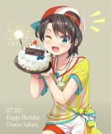  1girl absurdres backwards_hat baseball_cap bird blue_eyes blush_stickers brown_hair cake character_name commentary_request duck english_text fireworks food haniwa_(leaf_garden) happy_birthday hat highres hololive jersey looking_at_viewer one_eye_closed oozora_subaru open_mouth short_hair shorts smile sparkler sportswear stopwatch upper_body virtual_youtuber watch whistle whistle_around_neck 