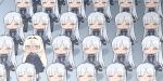  2girls ak-12_(girls_frontline) an-94_(girls_frontline) aqua_eyes bangs blush boca braid chibi closed_eyes french_braid girls_frontline gloves grey_background hair_between_eyes hair_ribbon headband highres long_hair mask multiple_girls open_mouth parted_bangs platinum_blonde_hair ribbon sidelocks silver_hair smile standing tactical_clothes very_long_hair 