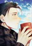  1boy absurdres albino_(a1b1n0623) alternate_costume bangs black_hair black_suit blush clouds cloudy_sky cup fate/grand_order fate_(series) from_side green_eyes hair_slicked_back highres holding holding_cup huge_filesize long_sleeves looking_to_the_side male_focus mug open_mouth parted_bangs sherlock_holmes_(fate/grand_order) shiny shiny_hair sky solo steam upper_body 