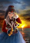  1girl 9a-91_(girls_frontline) artist_name ayam_(clothes) bangs blue_eyes blurry blush bokeh braid breasts chima_(clothes) clouds cloudy_sky dated depth_of_field dusk eyebrows_visible_through_hair fur-trimmed_jacket fur_trim girls_frontline hair_between_eyes hair_ornament hair_over_shoulder hanbok hand_on_own_face hat hue301 jacket jeogori_(clothes) jokki_(clothes) korean_clothes light_particles long_hair long_sleeves looking_at_viewer medium_breasts ocean revision signature silver_hair single_braid sky solo standing star_(symbol) star_hair_ornament sun sunlight sunset tareme traditional_clothes very_long_hair water 