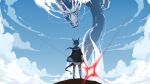  1girl absurdres arknights blue_hair blue_sky ch&#039;en_(arknights) clouds dragon dragon_horns dragon_tail from_behind glowing glowing_sword glowing_weapon highres horns low_ponytail moso_sekai_kyokai sky tail weapon 