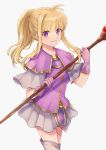  1girl bangs blonde_hair boots clarine_(fire_emblem) closed_mouth collarbone eyebrows_visible_through_hair fire_emblem fire_emblem:_the_binding_blade floating_hair gloves grey_capelet grey_footwear grey_skirt highres holding holding_staff layered_capelet long_hair looking_at_viewer miniskirt pink_gloves pleated_skirt ponytail purple_capelet purple_shirt shiny shiny_hair shirt sidelocks simple_background skirt smile solo staff standing thigh-highs thigh_boots violet_eyes white_background wspread 