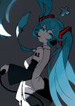  1girl absurdres black_skirt blue_eyes blue_hair blue_neckwear detached_sleeves floating_hair grey_background hatsune_miku highres l_(1175492361) long_hair looking_back marker_(medium) necktie skirt solo spot_color tattoo traditional_media twintails vocaloid 