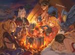  2boys 4girls abs alanaan anila_(granblue_fantasy) backless_outfit bare_back bird black_gloves black_hair blonde_hair campfire capelet closed_eyes clouds commentary_request cooking crossed_legs cup dark_skin dark_skinned_male djeeta_(granblue_fantasy) dog draph earrings english_text erune eyepatch facial_hair fire food fur_trim gloves goatee granblue_fantasy hair_ornament highres holding holding_cup horns jewelry kiriyama2109 long_hair long_sleeves lumberjack_(granblue_fantasy) lying meat monster mountain mouth_drool multiple_boys multiple_girls night open_mouth outdoors owl pot reinhardtzar ring sheep_horns shoebill short_hair shoulder_armor sign signature sitting sleeping spaulders sweatdrop teeth tent twintails wariza white_gloves white_hair zeta_(granblue_fantasy) 