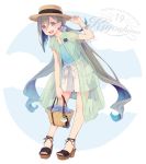  1girl alternate_costume bag bangs blue_eyes blue_hair blue_nails blue_tank_top blush boater_hat character_name clouds colis full_body grey_hair hair_between_eyes hair_ribbon hat holding kantai_collection kiyoshimo_(kantai_collection) long_hair low_twintails multicolored_hair nail_polish open_mouth pocket ribbon sandals see-through short_sleeves shorts simple_background solo standing tank_top toenail_polish twintails twitter_username two-tone_hair white_shorts 