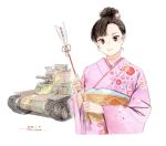  1girl arrow_(projectile) brown_eyes brown_hair closed_mouth dated floral_print ground_vehicle hair_bun hair_ornament hamaya holding horikou japanese_clothes kimono looking_at_viewer military military_vehicle motor_vehicle obi original pink_kimono sash signature smile solo tank upper_body white_background 