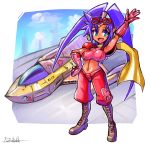  1girl adapted_costume bodysuit breasts crossover f-zero formal gloves hand_on_hip hand_up highres long_hair medium_breasts midriff navel oomasa_teikoku purple_hair red_gloves shantae_(character) shantae_(series) skin_tight split_ponytail suit waving 