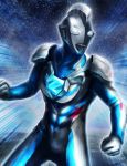  1boy absurdres alien clenched_hands fighting_stance glowing glowing_eyes highres looking_to_the_side no_humans robuja solo tokusatsu ultra_series ultraman_z ultraman_z_(series) white_eyes 