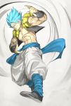  1boy abs bara blue_eyes blue_hair chest clothes_lift dragon_ball dragon_ball_super dragon_ball_super_broly fighting_stance fingernails frown full_body glowing glowing_hair gogeta grin highres looking_at_viewer looking_away male_focus metamoran_vest nipples no_pupils open_mouth outstretched_arms pants shirtless shoes short_hair simple_background smile spiky_hair super_saiyan super_saiyan_blue waistcoat white_background white_pants wristband yunar 