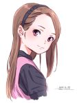  1girl black_bow black_shirt blush bow brown_hair closed_mouth dated from_side hair_bow hairband head_tilt horikou idolmaster idolmaster_(classic) long_hair looking_at_viewer minase_iori pink_eyes pink_vest puffy_short_sleeves puffy_sleeves shirt short_sleeves signature simple_background smile solo upper_body vest white_background 