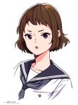  1girl blue_neckwear blue_sailor_collar brown_hair copyright_request dated horikou hyouka ibara_mayaka looking_at_viewer neckerchief open_mouth sailor_collar shirt short_hair signature simple_background solo upper_body violet_eyes white_background white_shirt 