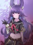  1girl \n/ animal_ear_fluff animal_ears belt black_gloves black_shirt black_skirt buttons closed_mouth commentary crop_top double-breasted dragalia_lost fox_ears gloves gold_trim hand_up highres linnea_(dragalia_lost) long_hair looking_at_viewer midriff miniskirt navel neckerchief punished_pigeon purple_hair sailor_collar school_uniform serafuku shirt short_sleeves skirt solo stomach upper_body vambraces violet_eyes 