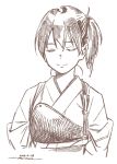  1girl brown_theme closed_eyes closed_mouth dated facing_viewer horikou kaga_(kantai_collection) kantai_collection monochrome muneate one_side_up short_hair signature simple_background smile solo upper_body white_background 