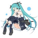  1girl aqua_eyes aqua_hair bare_shoulders black_dress black_legwear black_sleeves commentary detached_sleeves dress frilled_legwear frilled_sleeves frills hair_ribbon hatsune_miku headphones high_heels knees_up lace lace-trimmed_dress long_hair looking_at_viewer mary_janes ribbon shoes shoulder_tattoo sitting sleeveless sleeveless_dress smile solo soukun_s suspenders tattoo thigh-highs twintails very_long_hair vocaloid vocaloid_(lat-type_ver) white_background 