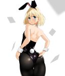  1boy :o adjusting_clothes adjusting_leotard animal_ears ass bangs bare_shoulders black_legwear black_leotard blonde_hair blue_eyes blunt_bangs blush bunny_boy bunny_tail bunnysuit detached_collar eyebrows_visible_through_hair foolfool_45 from_behind hand_on_hip leotard male_focus medium_hair original otoko_no_ko pantyhose rabbit_ears solo strapless strapless_leotard tail wrist_cuffs 