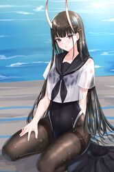  1girl :o absurdres azur_lane bangs black_hair black_legwear black_skirt black_swimsuit blush breasts fine_fabric_emphasis hair_ornament hairclip highres kneeling kuwahara_taiki long_hair looking_at_viewer navel_piercing noshiro_(azur_lane) ocean one-piece_swimsuit open_mouth outdoors pantyhose pantyhose_under_swimsuit piercing pleated_skirt sailor_collar school_uniform see-through serafuku short_sleeves sidelocks skirt small_breasts solo swimsuit thighband_pantyhose violet_eyes water wet wet_clothes wet_hair wet_pantyhose wet_swimsuit 