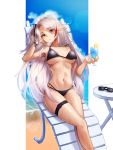  1girl absurdres antenna_hair azur_lane beach beach_chair bikini black_bikini breasts breasts_apart brown_eyes cup drinking_glass english_commentary eyebrows_visible_through_hair eyewear_removed hair_between_eyes highres holding holding_cup large_breasts long_hair looking_at_viewer lordol multicolored_hair navel ocean prinz_eugen_(azur_lane) prinz_eugen_(unfading_smile)_(azur_lane) redhead silver_hair sitting solo streaked_hair sunglasses swimsuit table thigh_strap very_long_hair 