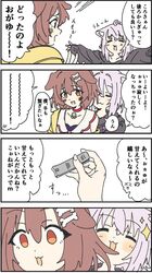  2girls :3 ahoge animal_ears bangs black_hoodie bone_hair_ornament brown_hair cat_ears cat_girl closed_eyes commentary_request dog_ears dog_girl empty_eyes eyebrows_visible_through_hair hair_between_eyes hololive jacket jewelry kamochomedesu multiple_girls nail_clippers necklace purple_hair shirt translation_request virtual_youtuber white_shirt yellow_jacket 