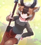  1girl alternate_costume animal_ears bangs baniran_dorosu black_horns black_sweater brown_eyes brown_hair brown_legwear casual closed_mouth contemporary dutch_angle grey_hair hair_between_eyes hand_on_hip hand_up highres holding holding_weapon horizontal_pupils horns jewelry kemono_friends long_sleeves looking_at_viewer medium_hair miniskirt multicolored multicolored_clothes multicolored_hair multicolored_skirt pantyhose parted_bangs pendant plaid plaid_skirt polearm pronghorn_(kemono_friends) skirt smile solo sweater weapon white_hair 