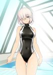  1girl bangs bare_shoulders black_swimsuit breasts closed_mouth covered_navel fate/grand_order fate_(series) glasses hair_over_one_eye highleg highleg_swimsuit large_breasts lavender_hair looking_at_viewer mash_kyrielight namonashi one-piece_swimsuit short_hair smile swimsuit thighs violet_eyes 